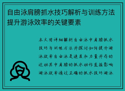 自由泳肩膀抓水技巧解析与训练方法提升游泳效率的关键要素